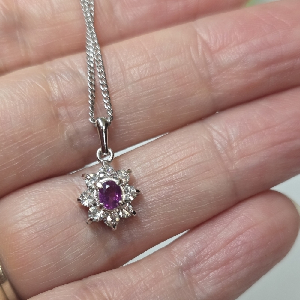 vintage pink gemstone silver toned halo floral cluster pendant necklace